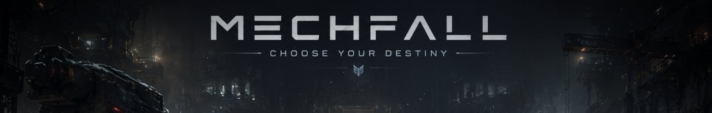 MECHFALL title screen: two heavy mechs and their pilots in a dark industrial hangar, development build