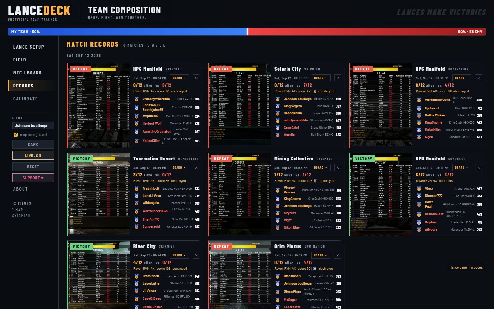 LanceDeck records page: every match with its final screen and medallists