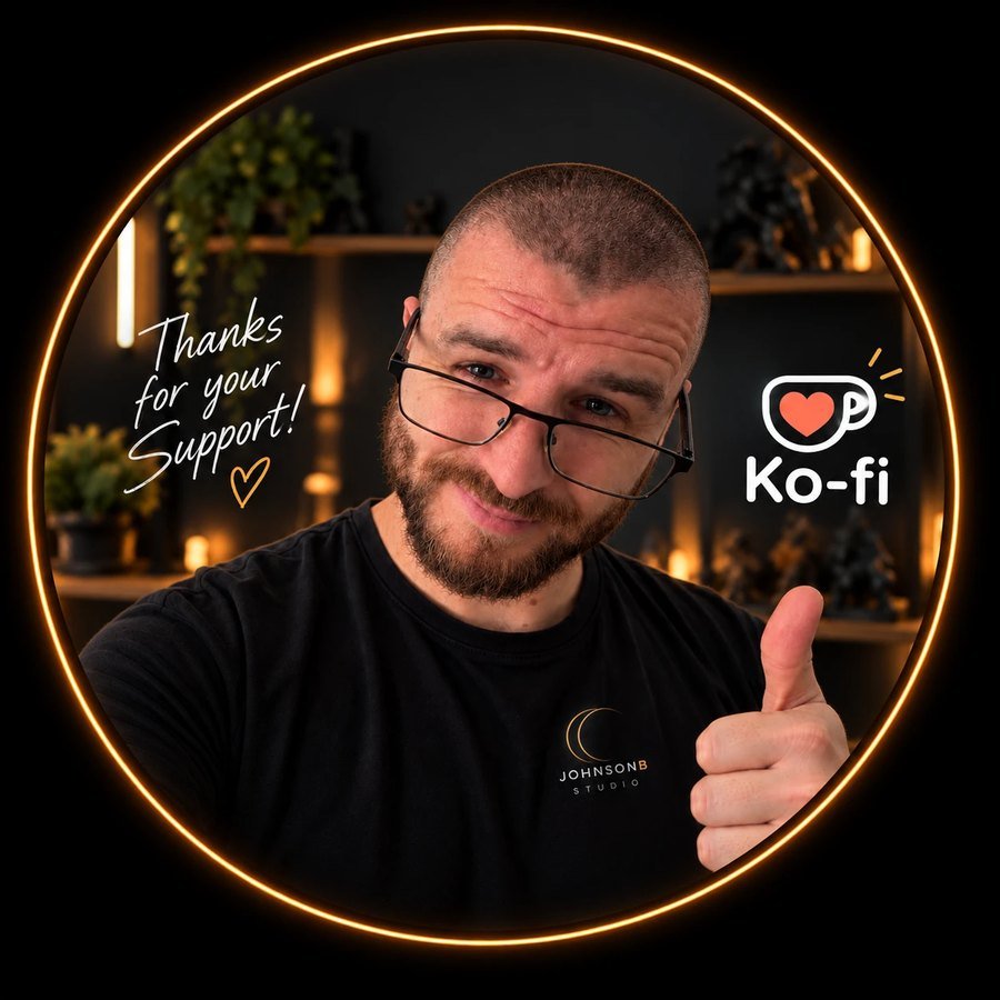 JohnsonB, the person behind the studio, giving a thumbs up in front of his shelves of painted miniatures
