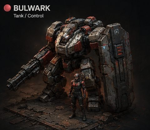 BULWARK: a heavy, broad mech with a shoulder cannon