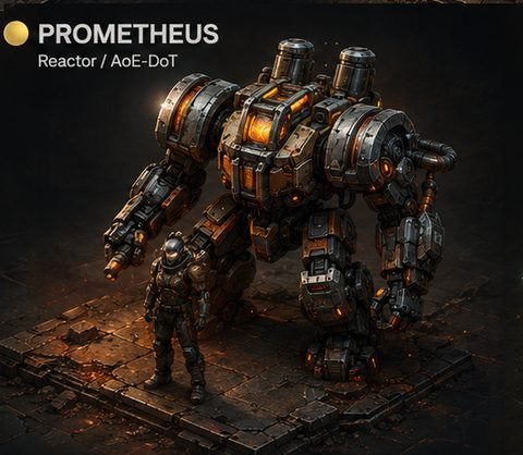 PROMETHEUS: a stocky mech with a glowing reactor core