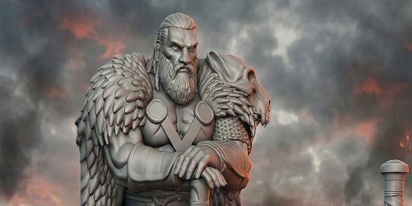 Barbarian figure painted and staged on a battlefield set